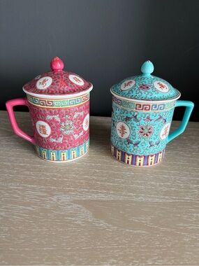 Two Vintage Chinese Jingdezhen Turquoise & Burgundy Porcelain Teacup Mug & Lid